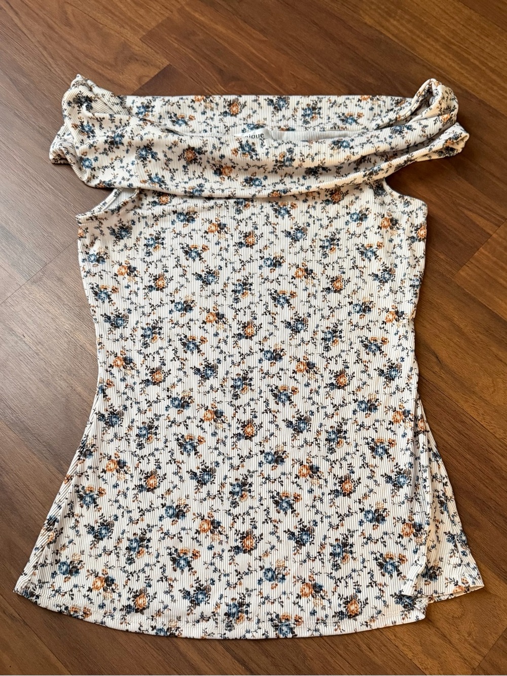 Vintage Floral Off-Shoulder Ribbed Tank Top - Cream with Blue & Brown Floral